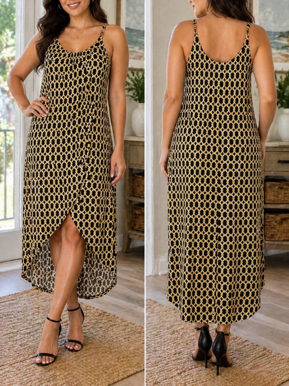 Thalia Sodi XL Black Yellow Gold Chain Print High Low Midi Maxi Dress Sleeveless